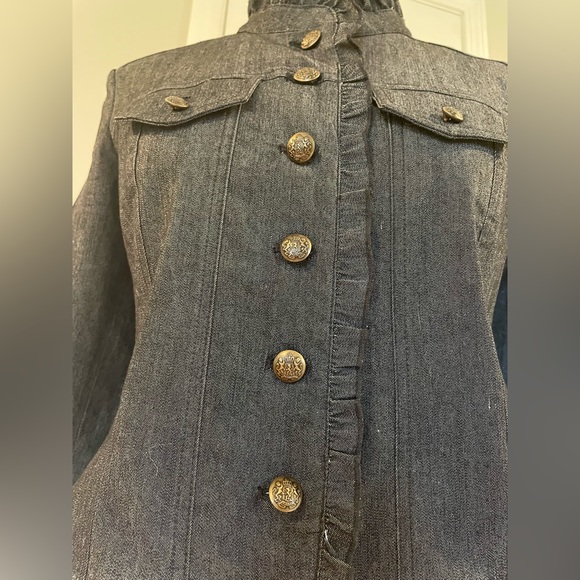 Sandro Petite Dark Gray Denim Ruffle Trimmed Military Style Jacket - Picture 6 of 9